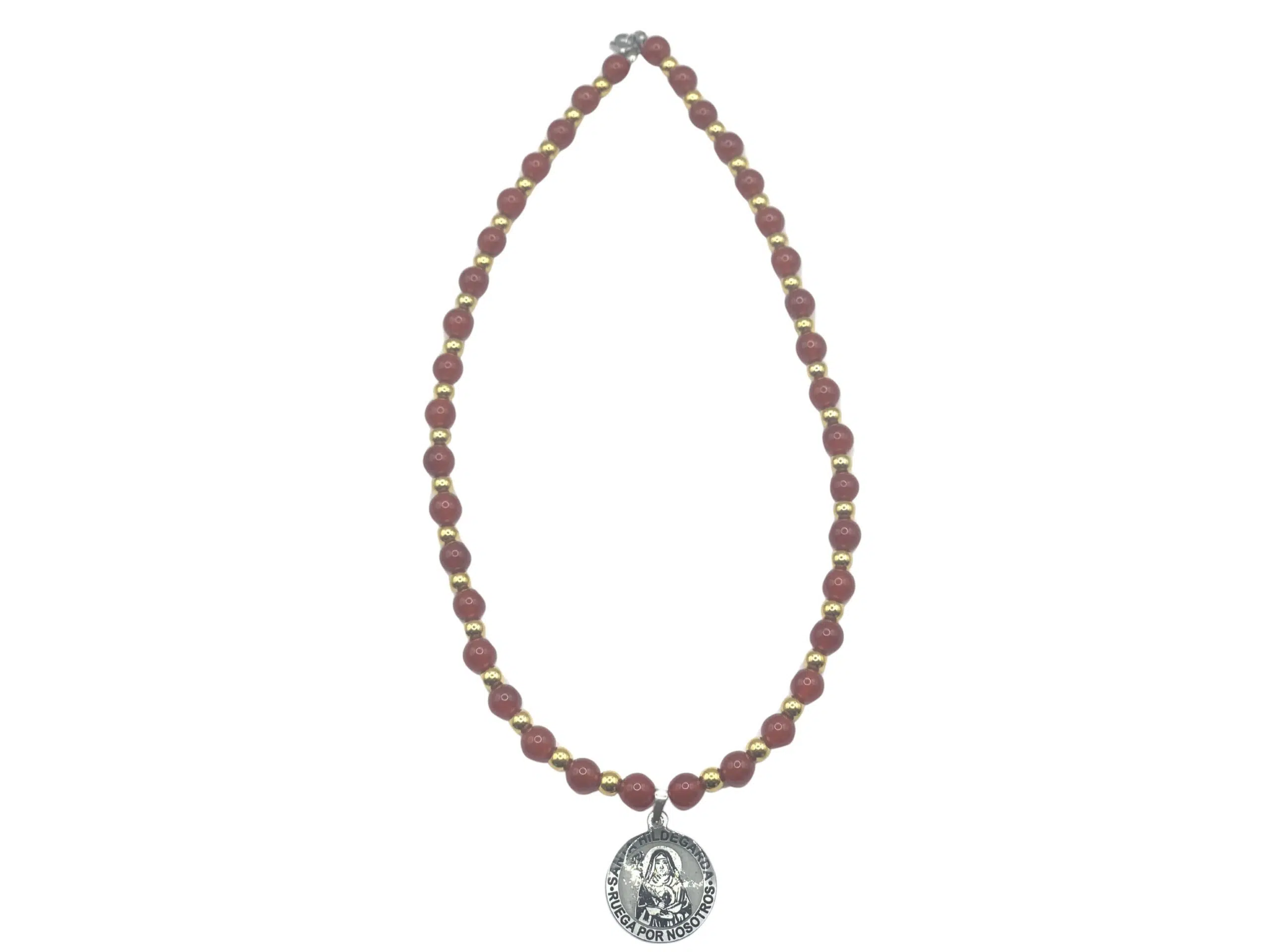 Collar de cornalina de 8 mm con medalla de Santa Hildegarda, piedra natural con beneficios espirituales
