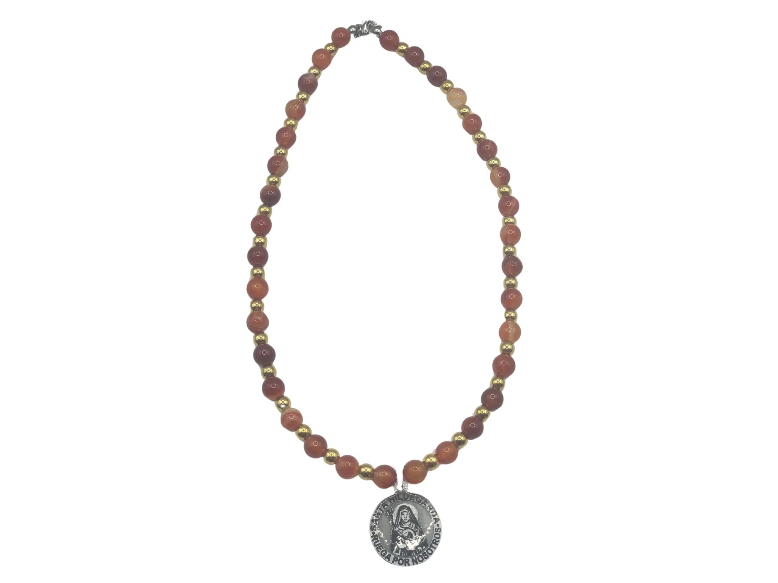 Collar de sardónice natural de 8 mm inspirado en Santa Hildegarda, con beneficios espirituales y de sanación.