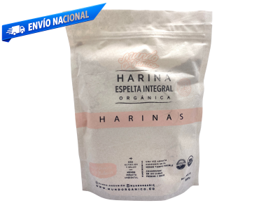 Paquete de harina de espelta integral molida naturalmente y apta para panadería y repostería.