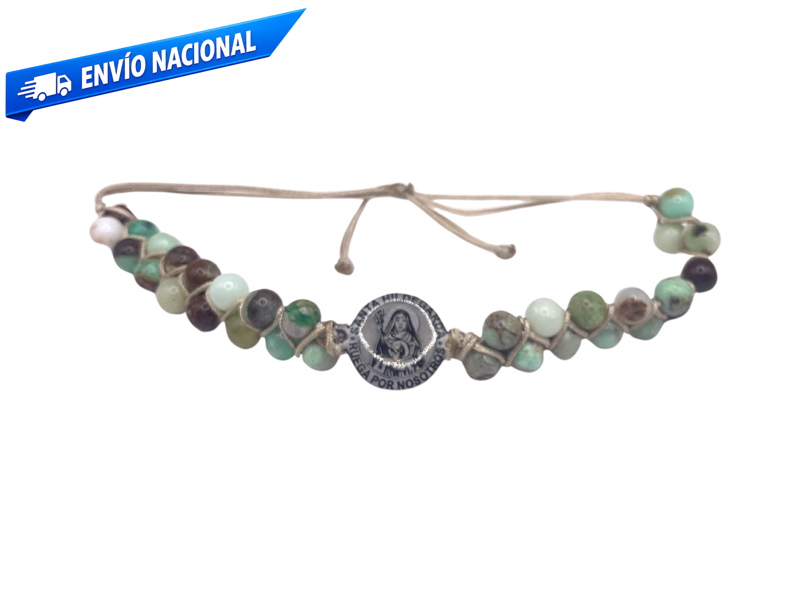 Pulsera de crisoprasa natural elaborada con hilo chino y piedras verdes naturales pulidas.