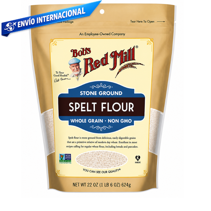 Harina de espelta integral Bob’s Red Mill 22 oz (624 g) en empaque resellable, molida en piedra, producto non-GMO ideal para panadería y repostería saludable.