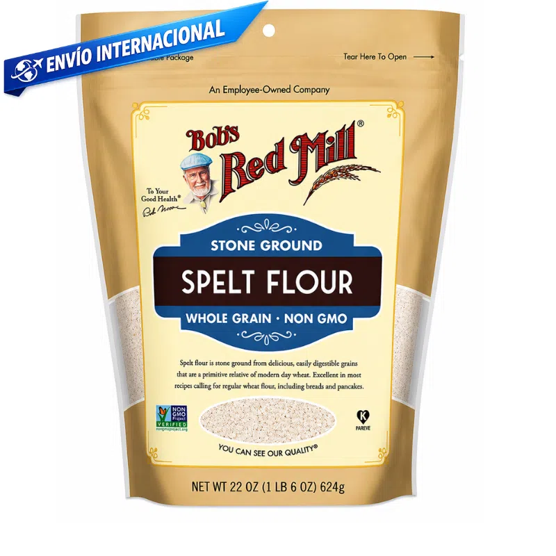 Harina de espelta integral Bob’s Red Mill 22 oz (624 g) en empaque resellable, molida en piedra, producto non-GMO ideal para panadería y repostería saludable.