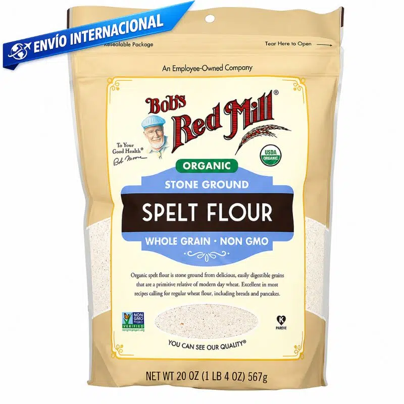 Harina de espelta orgánica integral Bob’s Red Mill 20 oz (567 g), molida en piedra, certificada USDA Organic y Non-GMO, ideal para panadería y repostería saludable.