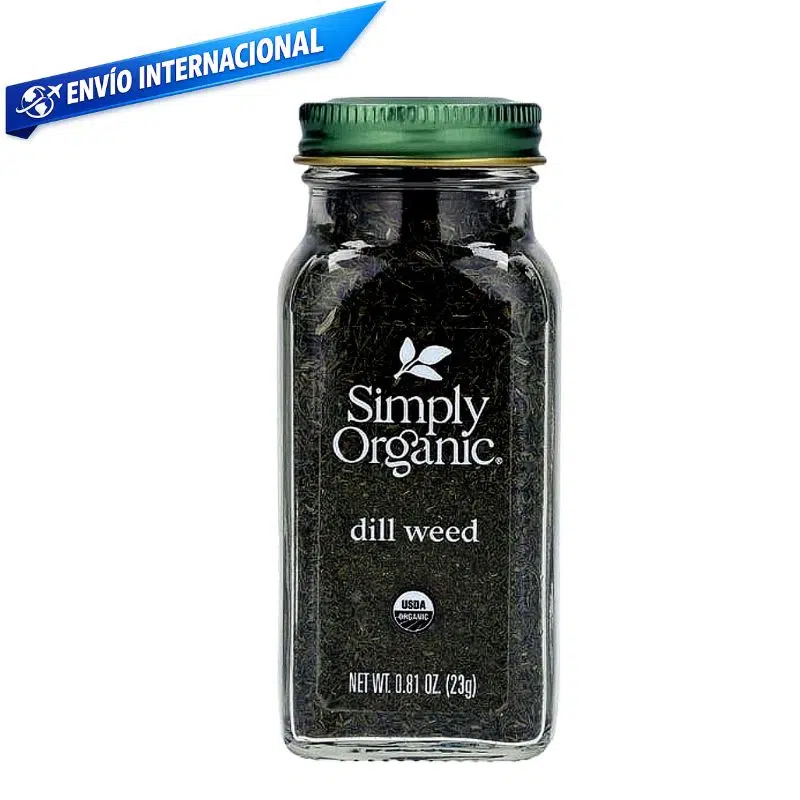 Eneldo orgánico Simply Organic en frasco de vidrio 23 g, hierba seca Anethum graveolens para cocinar y sazonar alimentos.