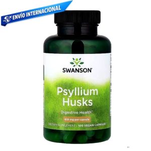 Psyllium en cápsulas Swanson 610 mg, suplemento de fibra soluble en envase con 100 cápsulas veganas para salud digestiva