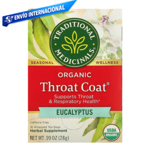 Eucalipto bolsitas de té orgánico en infusión, bebida herbal que apoya el bienestar de la garganta y el sistema respiratorio.