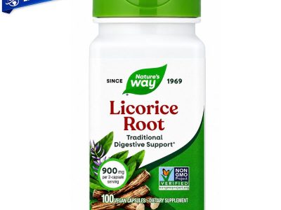 Raíz de regaliz en cápsulas Nature’s Way 450 mg, suplemento herbal vegano en envase de 100 cápsulas para apoyo digestivo