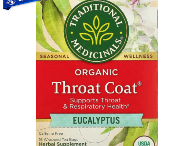 Eucalipto bolsitas de té orgánico en infusión, bebida herbal que apoya el bienestar de la garganta y el sistema respiratorio.