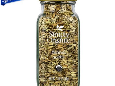 Semillas de hinojo orgánicas Simply Organic en frasco de 1.90 oz, especia entera aromática con certificación USDA Organic.