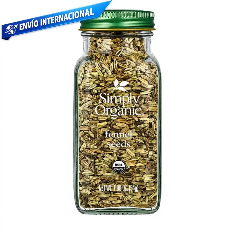 Semillas de hinojo orgánicas Simply Organic en frasco de 1.90 oz, especia entera aromática con certificación USDA Organic.