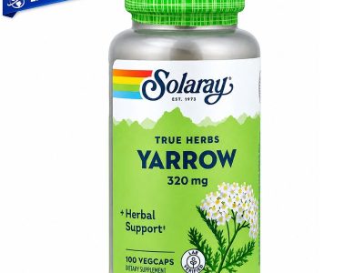 Suplemento herbal Solaray True Herbs Yarrow 320 mg en frasco con 100 cápsulas vegetales, extracto de milenrama (Achillea millefolium) para apoyo natural.