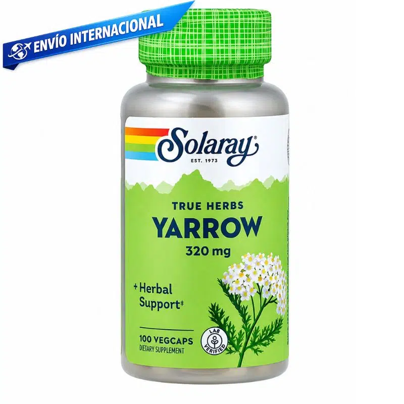 Suplemento herbal Solaray True Herbs Yarrow 320 mg en frasco con 100 cápsulas vegetales, extracto de milenrama (Achillea millefolium) para apoyo natural.