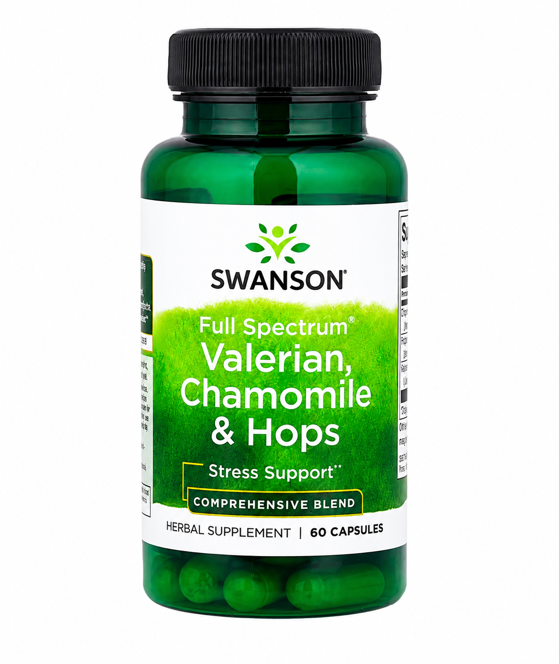 Valeriana en cápsulas con manzanilla y lúpulo, suplemento natural que favorece la relajación y el descanso nocturno.