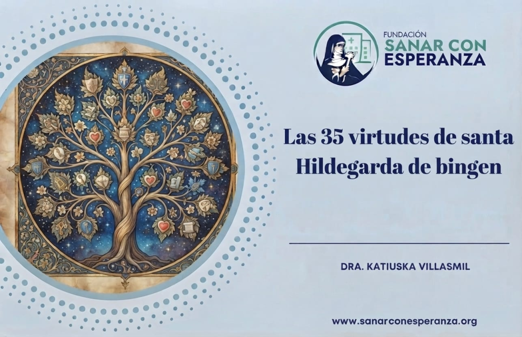 35 virtudes de Santa Hildegarda de Bingen representadas en un árbol de virtudes