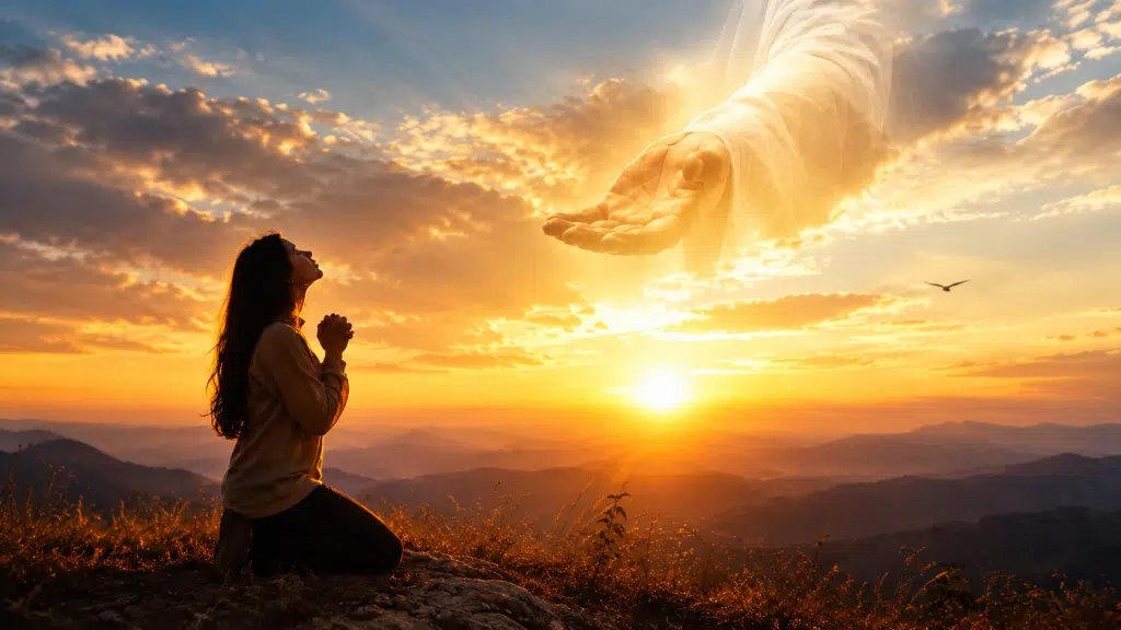 Mujer orando al atardecer frente a una mano celestial entre las nubes