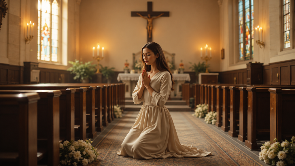 Mujer orando en una iglesia como símbolo del perdón y la paz interior Mujer orando ante una infidelidad como parte del camino del perdón